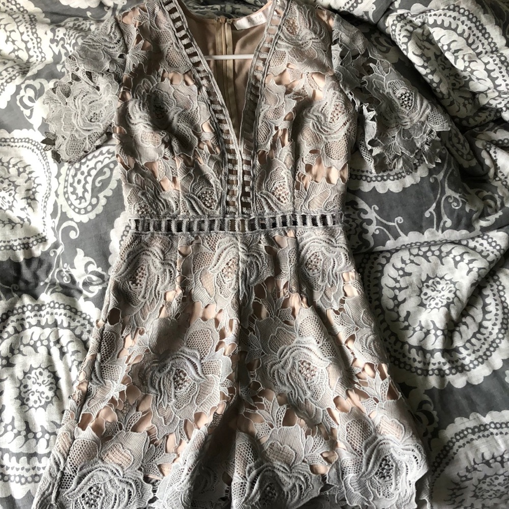 ASTR grey and tan lace romper